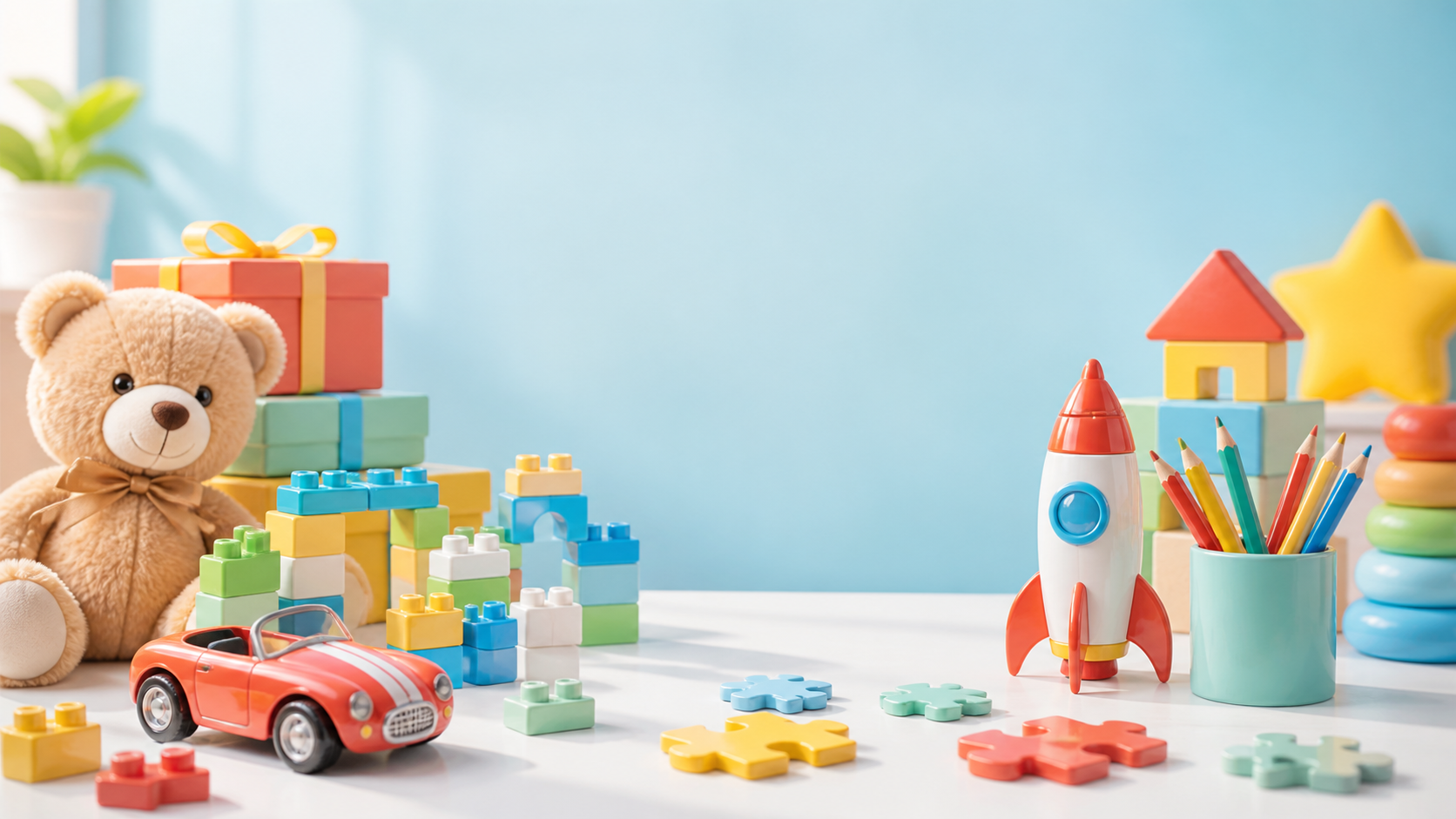 Colorful toys arranged on a bright tabletop